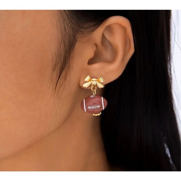 NWT Unique Vintage Style Brown Football Golden Bow Drop Earrings - Picture 1 of 6